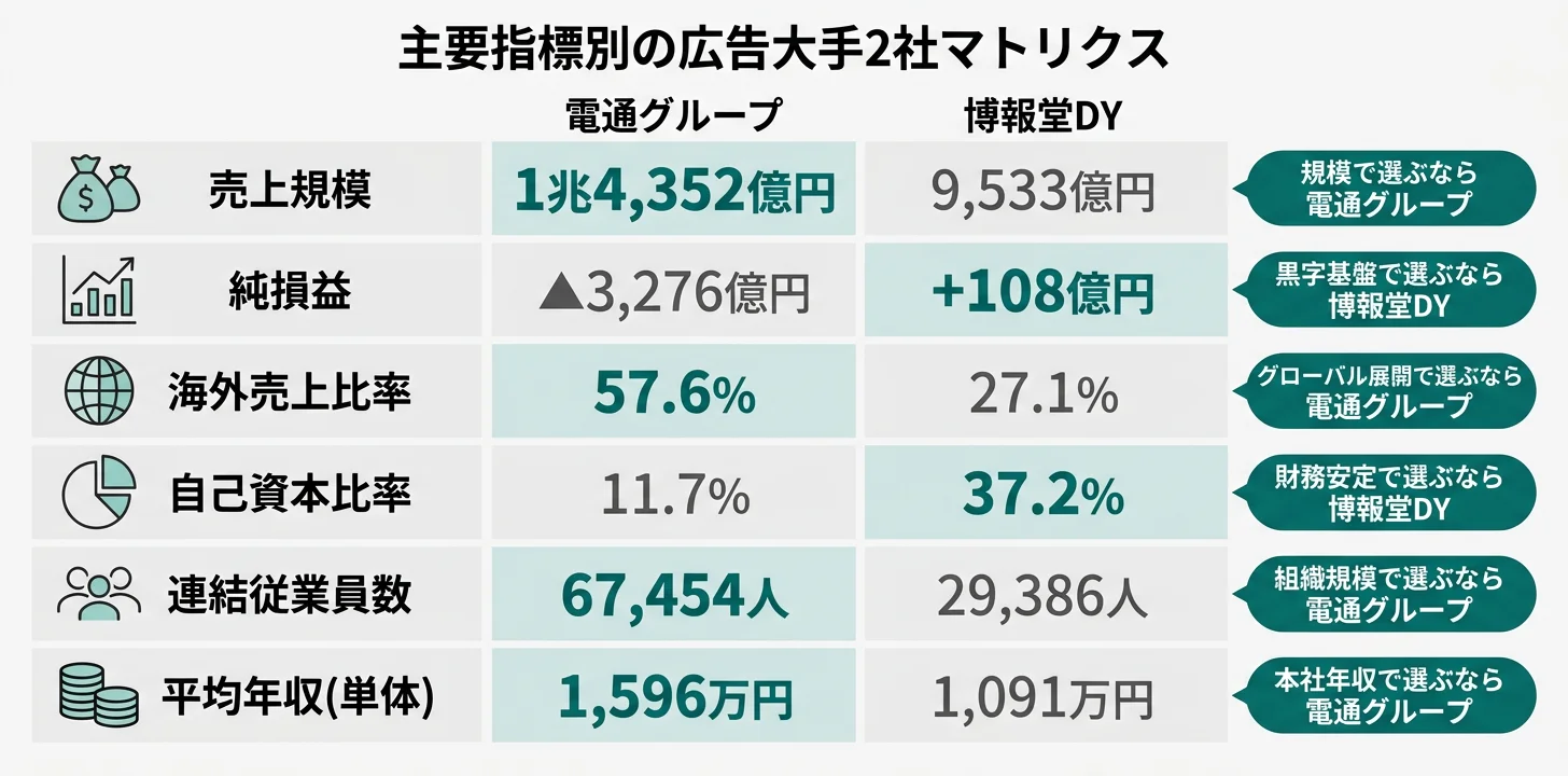 主要指標別のNo.1企業──売上1兆4,352億円 電通/純利益+108億円 博報堂DY/調整後営業利益1,725億円 電通