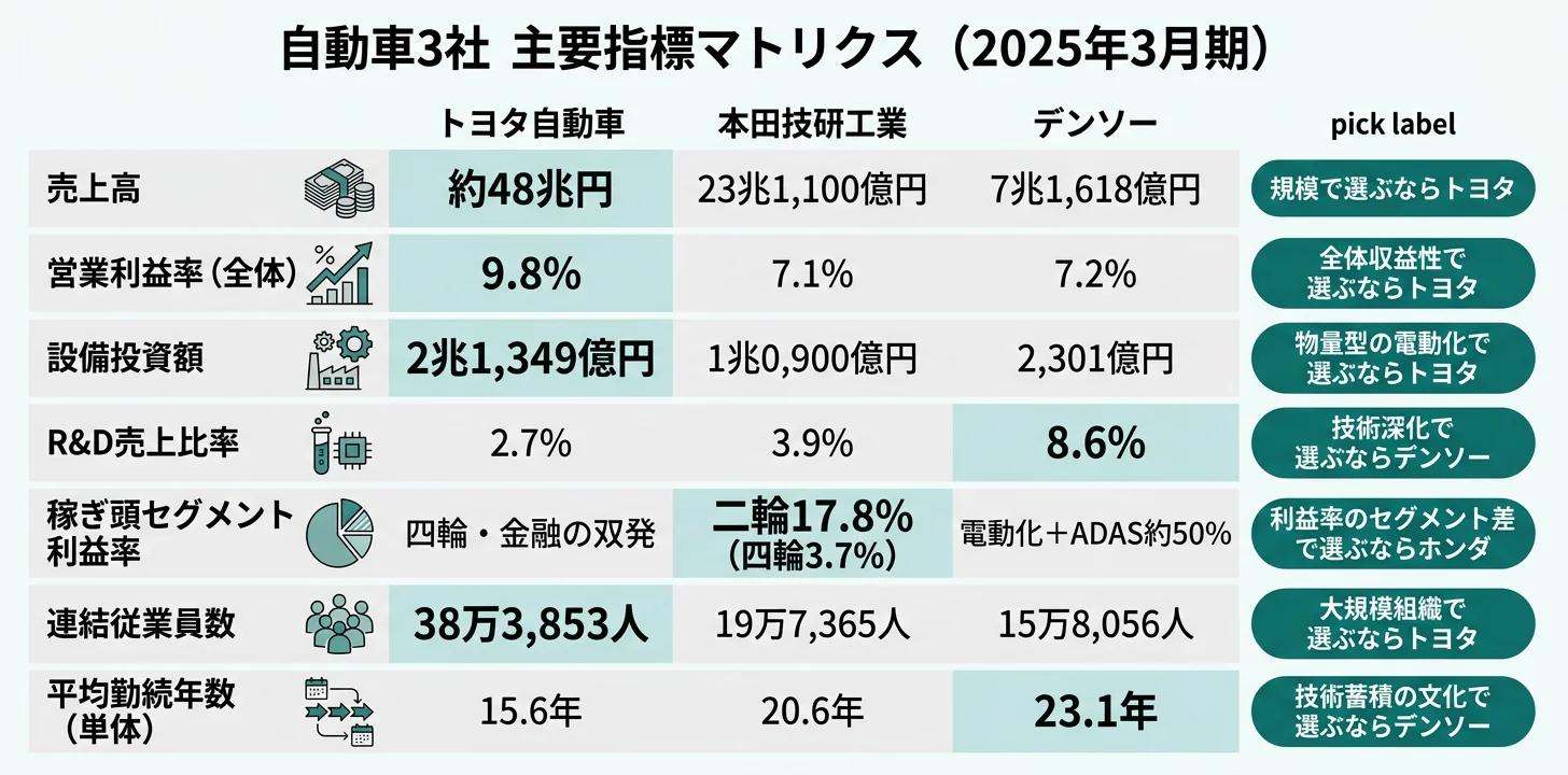 主要指標別のNo.1企業──売上・設備投資 トヨタ／R&D比率 デンソー／稼ぎ頭利益率 ホンダ（二輪17.8%）