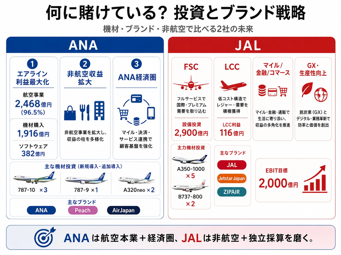 何に賭けている? 投資とブランド戦略──ANAは航空事業利益最大化（航空事業利益2,468億円96.5%）＋ANA経済圏拡大／JALはFSC・LCC・マイル金融コマースの4区分で独立採算化＋EBIT目標2,000億円