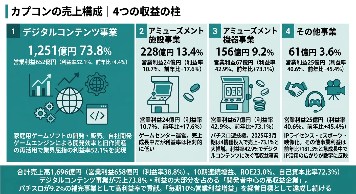 カプコンの売上構成｜デジタルコンテンツ73.8%／アミューズメント施設13.4%／機器9.2%／その他3.6%