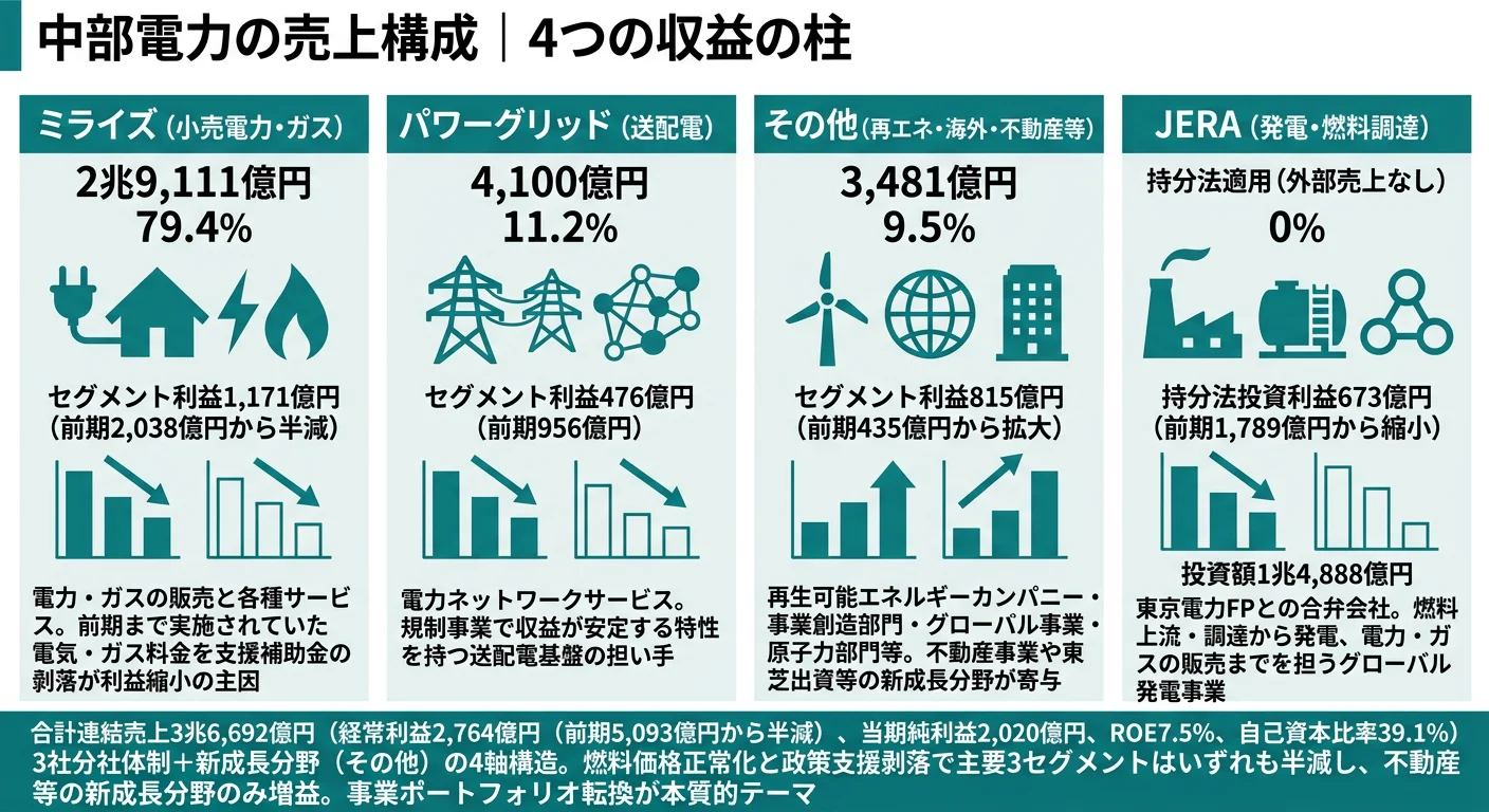 中部電力の収益構造｜ミライズ79%・パワーグリッド11%・JERA持分法673億円