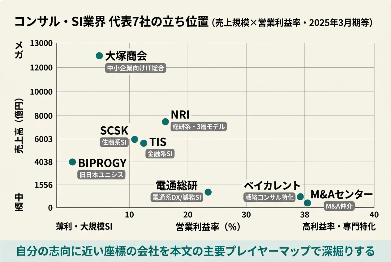コンサル・SI業界 代表7社の業界マップ──売上規模と営業利益率で見る各社の立ち位置