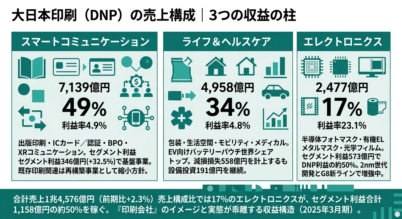 大日本印刷（DNP）の売上構成｜スマートコミュニケーション49%・ライフ&ヘルスケア34%・エレクトロニクス17%