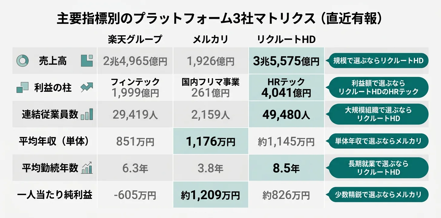 主要指標別のNo.1企業──フィンテック利益1,999億円 楽天／当期利益成長+94% メルカリ／HRテクノロジーEBITDAマージン35.9% リクルート