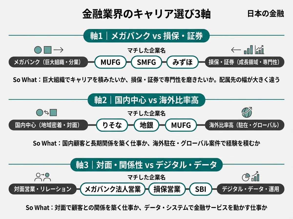 金融業界のキャリア選び3軸──メガバンクvs損保証券・国内vs海外・対面vsデジタル