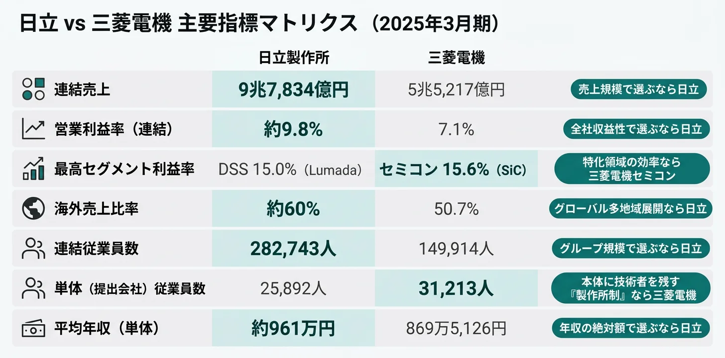 日立 vs 三菱電機 主要指標マトリクス──売上・営業利益率・最高セグ・連結人員・年収のNo.1を一目で