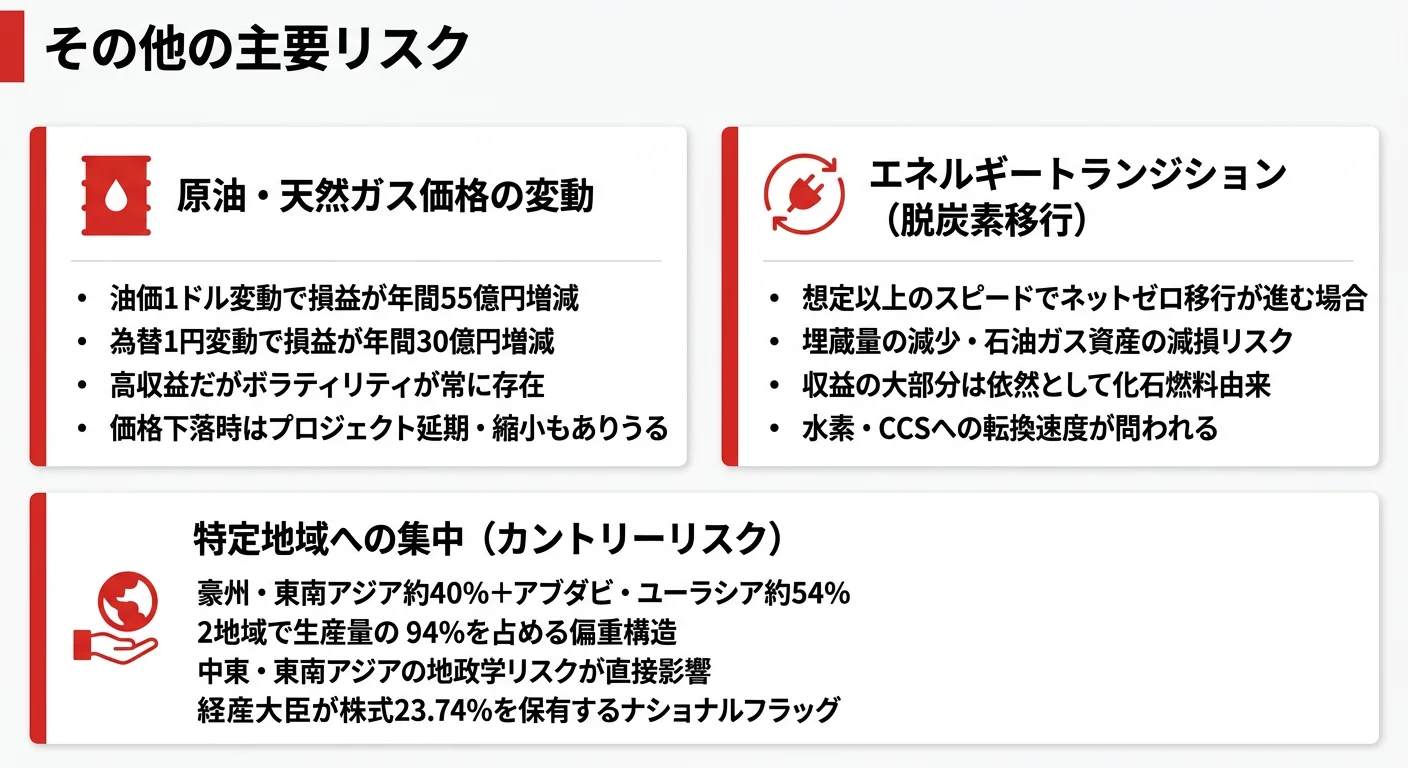 INPEXの主要リスク──価格変動、エネルギートランジション、特定地域集中