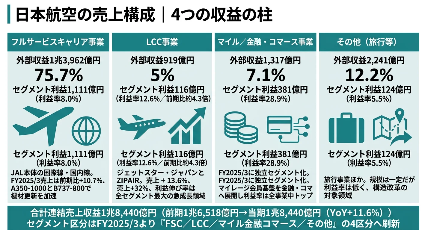 日本航空の売上構成｜フルサービスキャリア事業75.7%・LCC事業5%・マイル／金融・コマース事業7.1%