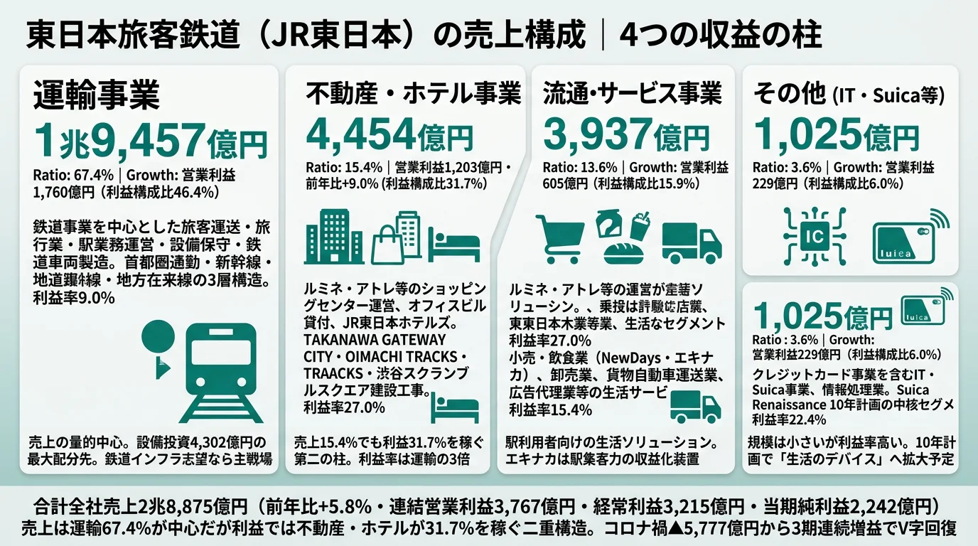 2025年3月期 JR東日本のセグメント別売上・営業利益構成（運輸67.4%／不動産・ホテル15.4%／流通・サービス13.6%／その他3.6%）