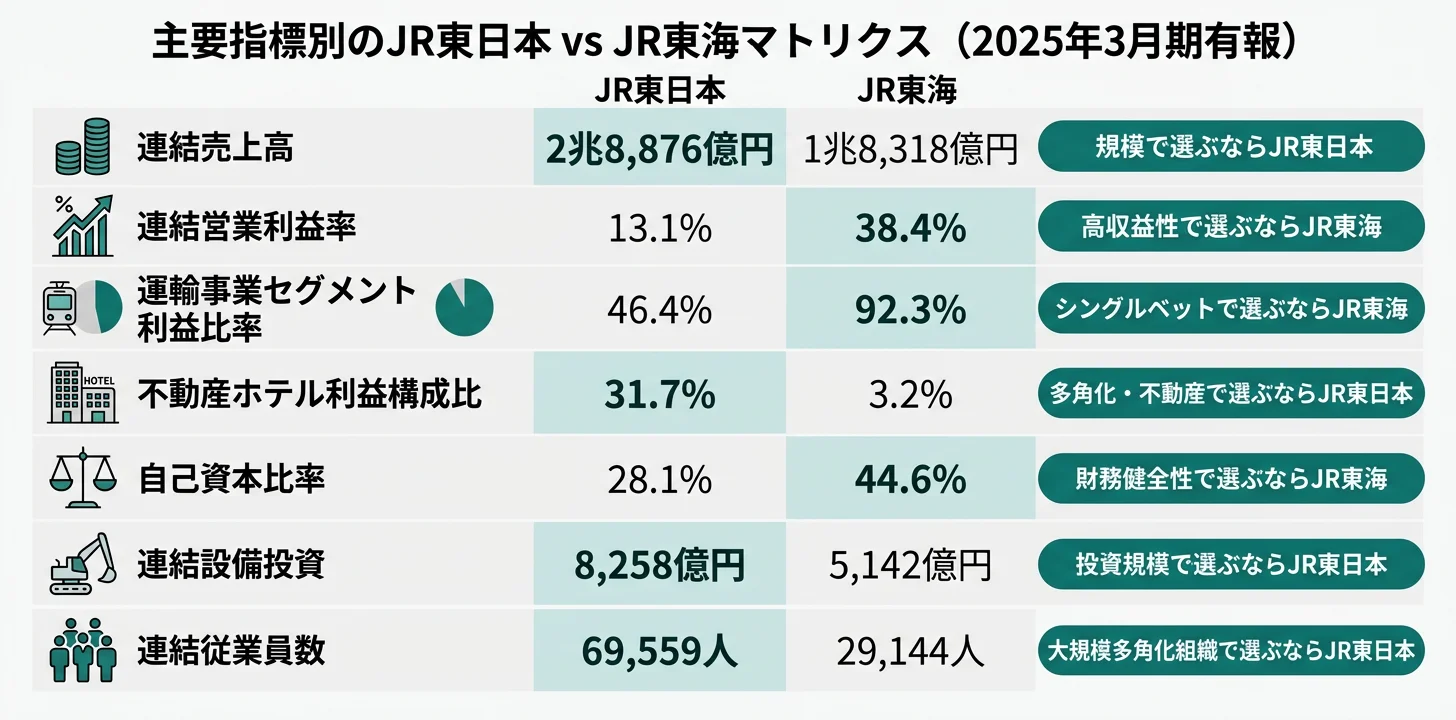主要指標別のNo.1──売上2.89兆円 JR東日本／営業利益率38.4% JR東海／不動産利益比率31.7% JR東日本