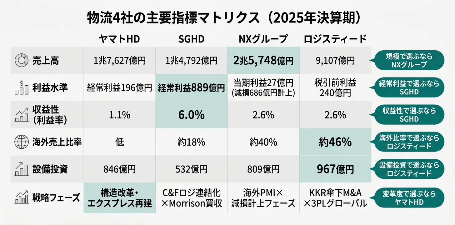 物流4社の主要指標マトリクス──売上2.6兆円 NX／経常利益率6.0% SGHD／海外比率46% ロジスティード