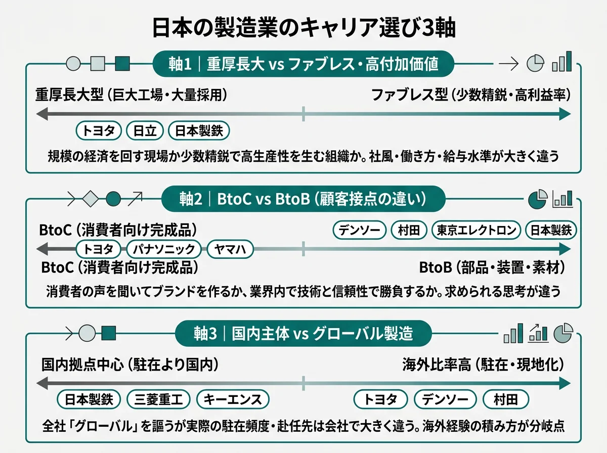 日本の製造業のキャリア選び3軸──重厚長大vsファブレス・BtoCvsBtoB・国内vsグローバル