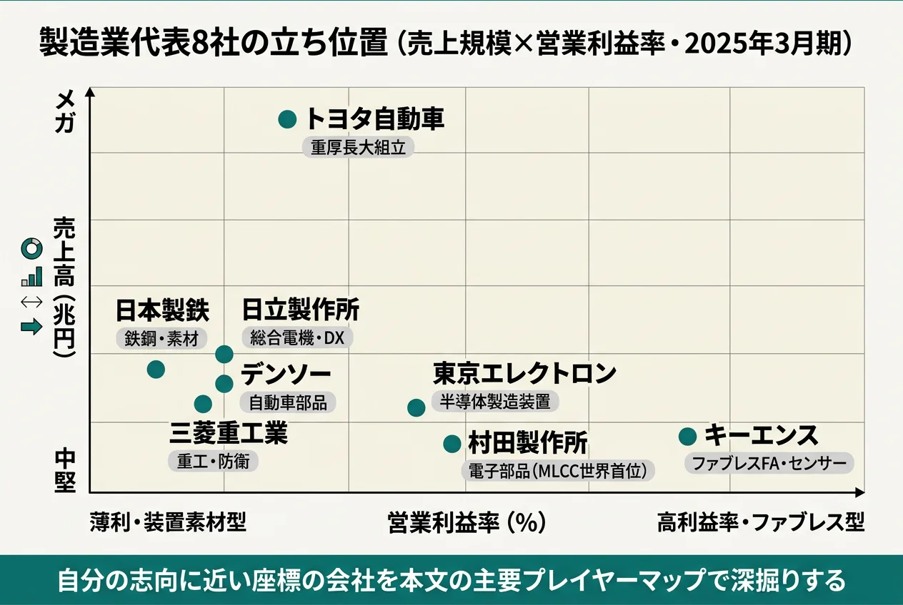 日本の製造業 代表8社の業界マップ──売上規模と営業利益率で見る各社の立ち位置