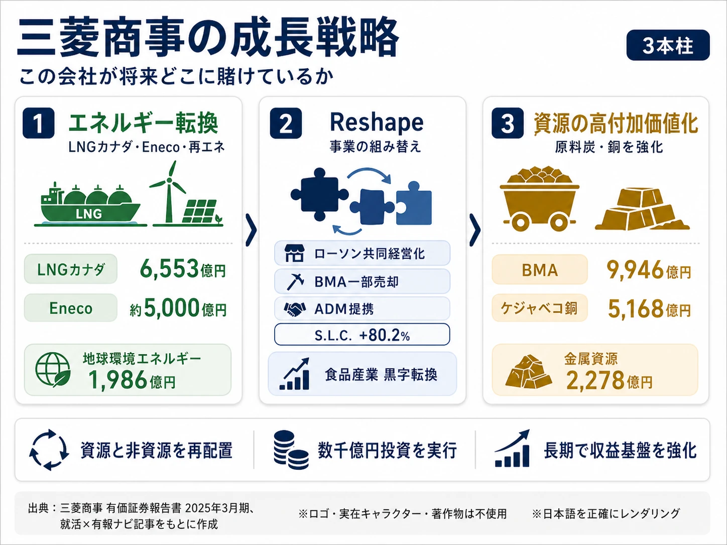 この会社が賭けているもの──1.エネルギートランジション（LNGカナダ・Eneco）、2.Reshape戦略による事業組み替え、3.金属資源の高付加価値化（原料炭・銅）