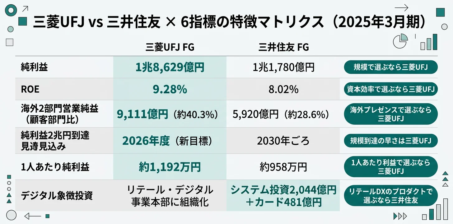 海外戦略マトリクス──海外2部門営業純益9,111億円は三菱UFJ／米国深耕は三菱UFJ Morgan Stanley議決権23.5%／新興国成長は三井住友インド最注力／資本市場連携は三井住友 Jefferies