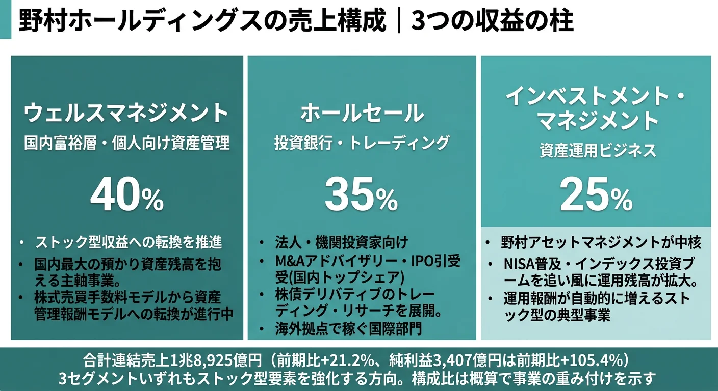 野村HDの売上構成──ウェルスマネジメント、ホールセール、インベストメント・マネジメントの3セグメント