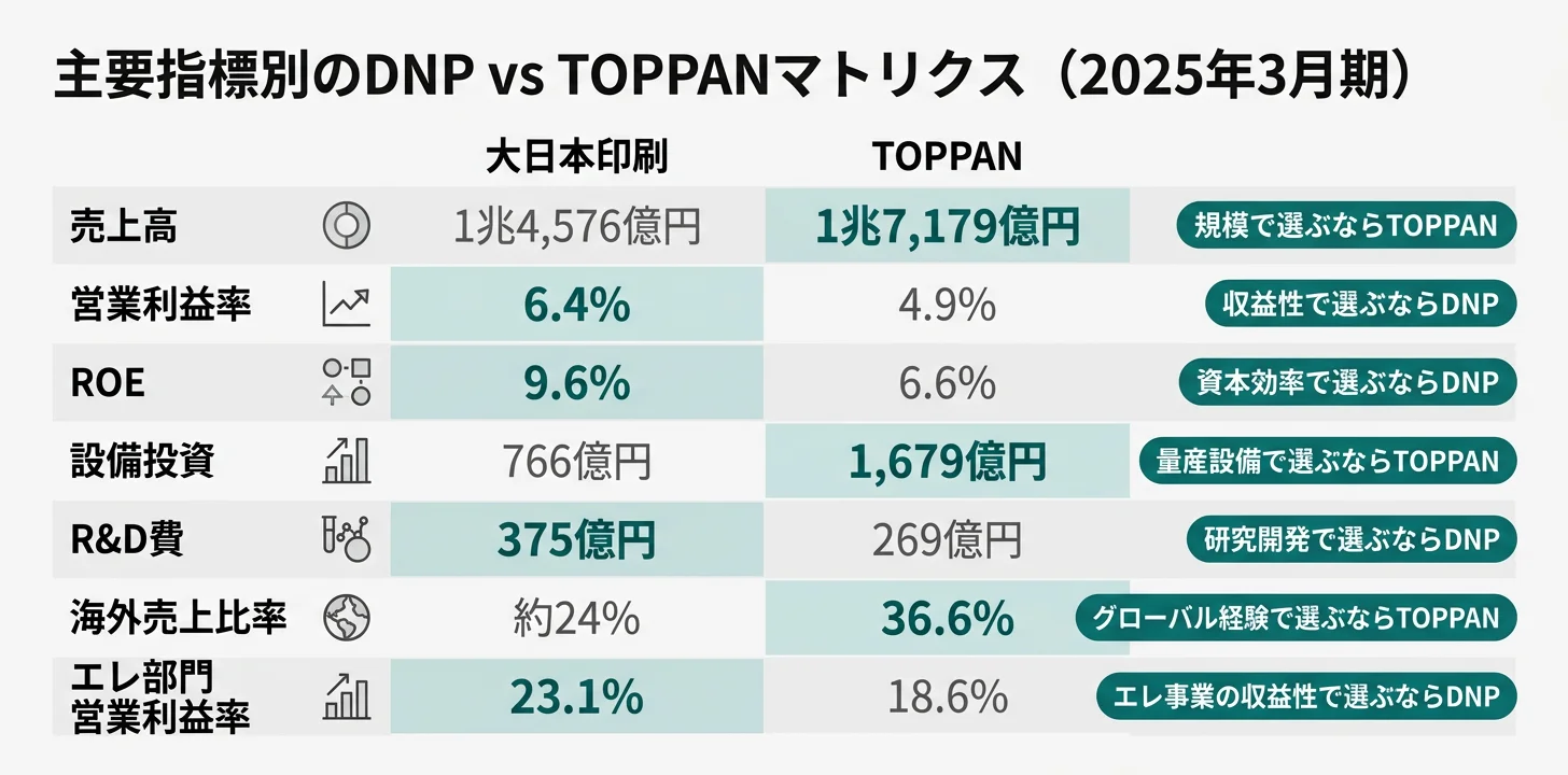 DNP vs TOPPAN 主要指標別のリーダー──営業利益率6.4% DNP／設備投資1,679億円 TOPPAN／R&D 375億円 DNP／海外売上36.6% TOPPAN