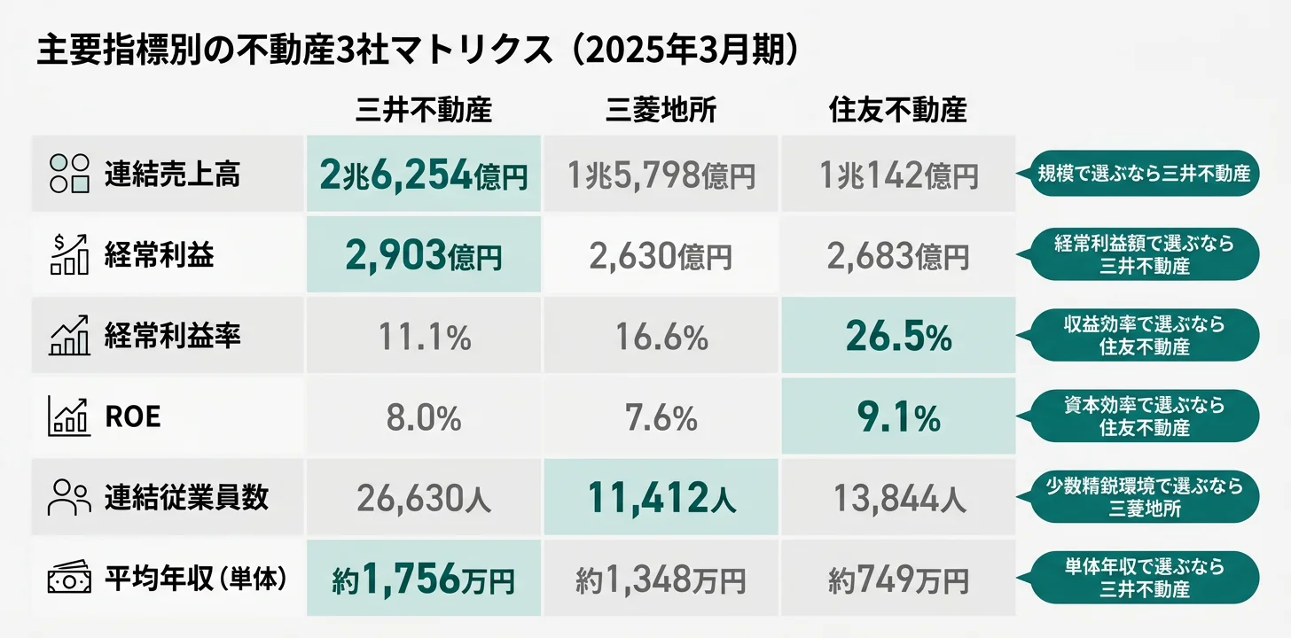 主要指標別のNo.1不動産──売上2.63兆円 三井／経常利益率26.5% 住友／少数精鋭1.14万人 三菱地所／ROE 9.1% 住友