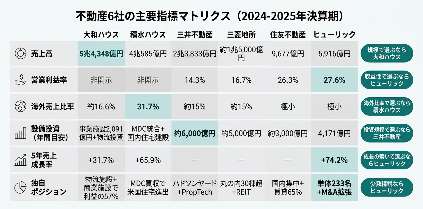 不動産6社の主要指標マトリクス──営業利益率27.6% ヒューリック／売上5.4兆円 大和ハウス／海外31.7% 積水