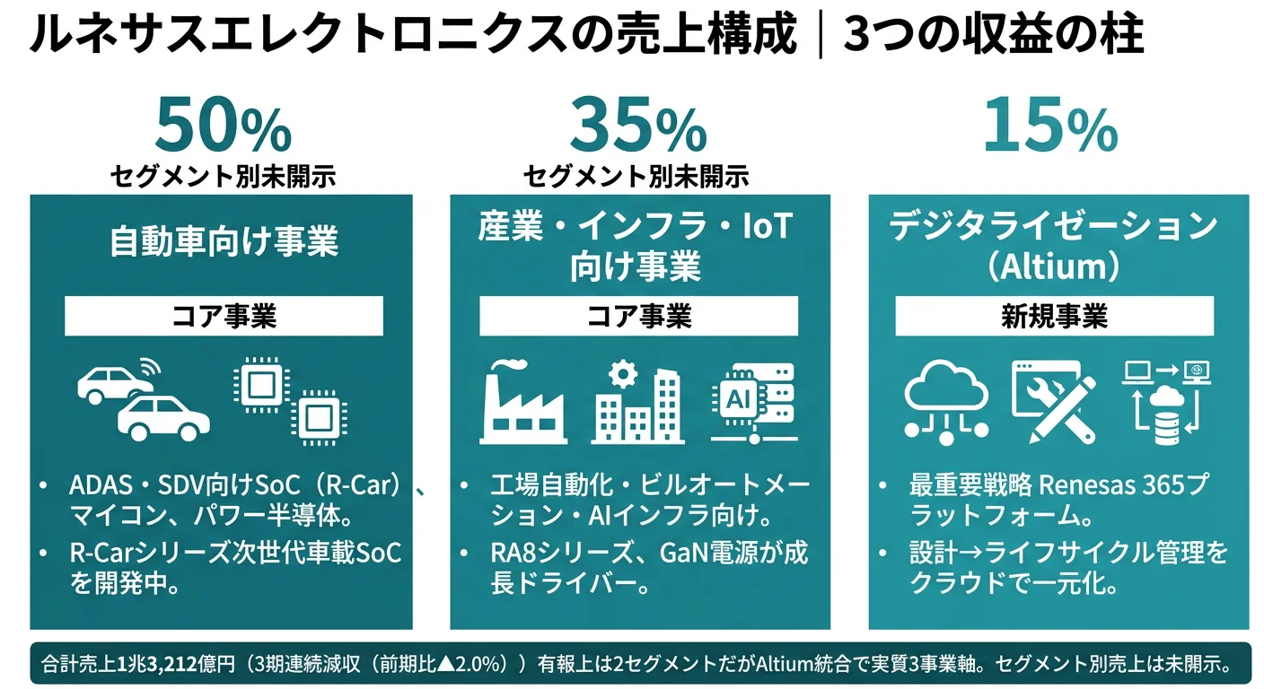 ルネサスの事業構成──自動車向け事業・産業インフラIoT事業・デジタライゼーション事業の3軸