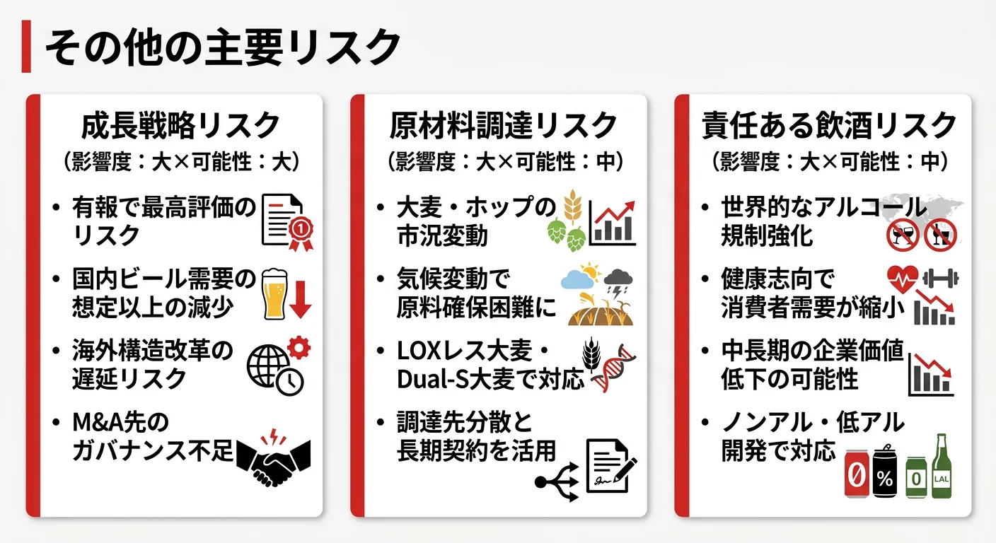 サッポロHDのリスク概要──成長戦略リスク（影響度大・発生可能性大）、原材料調達リスク、アルコール市場縮小リスク