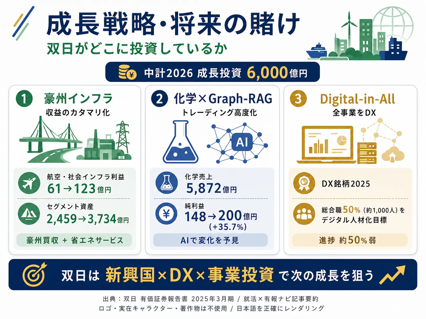 この会社が賭けているもの──1.豪州インフラ＋省エネサービスのカタマリ化（航空・社会インフラ純利益+102.4%）、2.化学トレーディング×Graph-RAG（化学純利益+35.7%）、3.Digital-in-Allによる全社DX（DX銘柄2025選定）