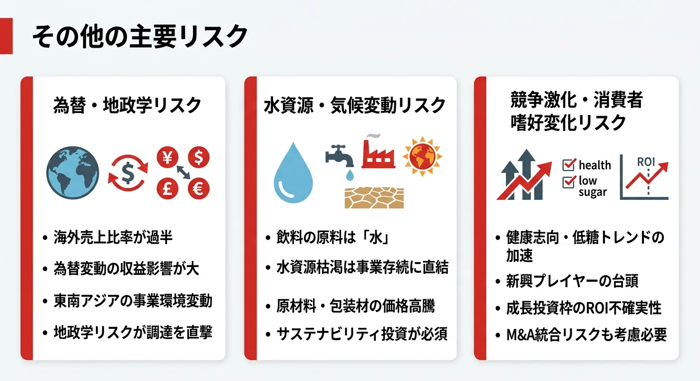 サントリー食品のリスク──1.為替変動リスク、2.親子上場リスク、3.原材料・地政学リスク