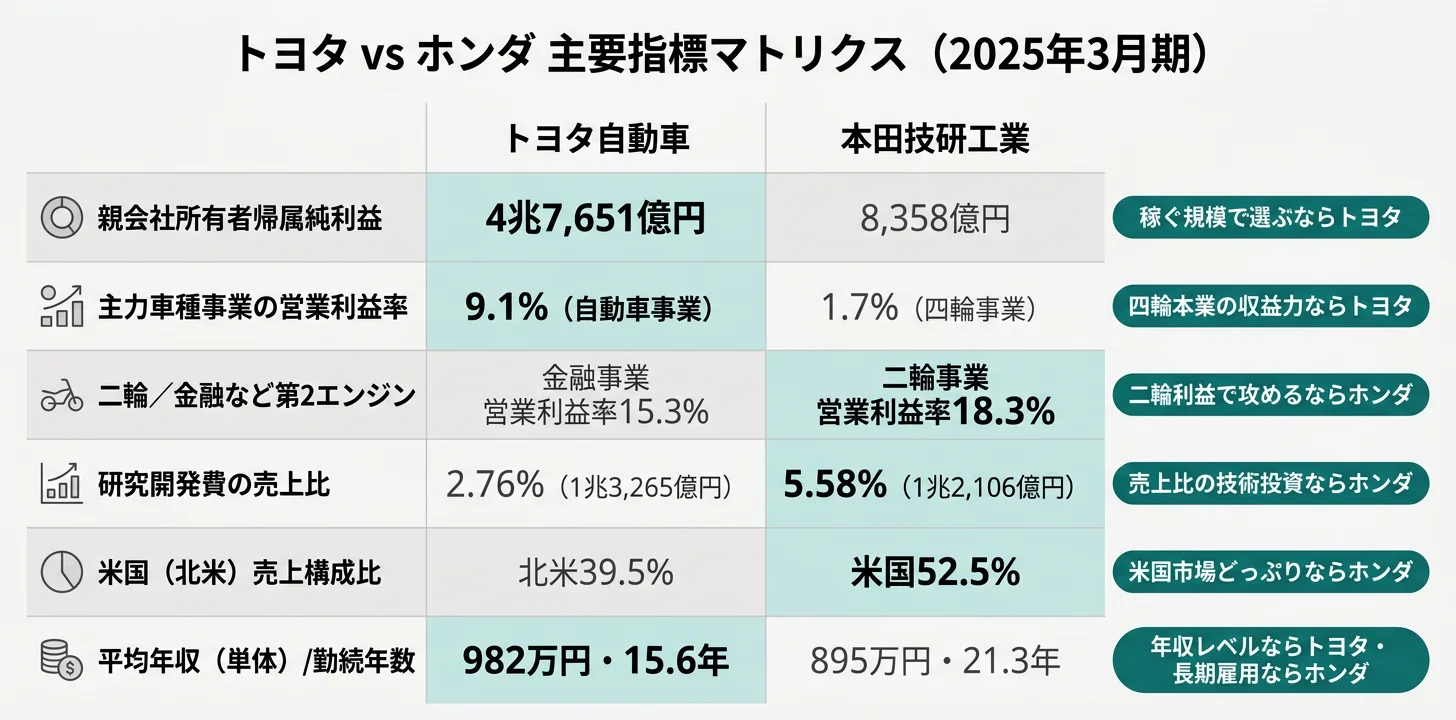 トヨタ vs ホンダ 主要指標マトリクス──純利益・利益率・R&D・米国売上・年収のNo.1を一目で