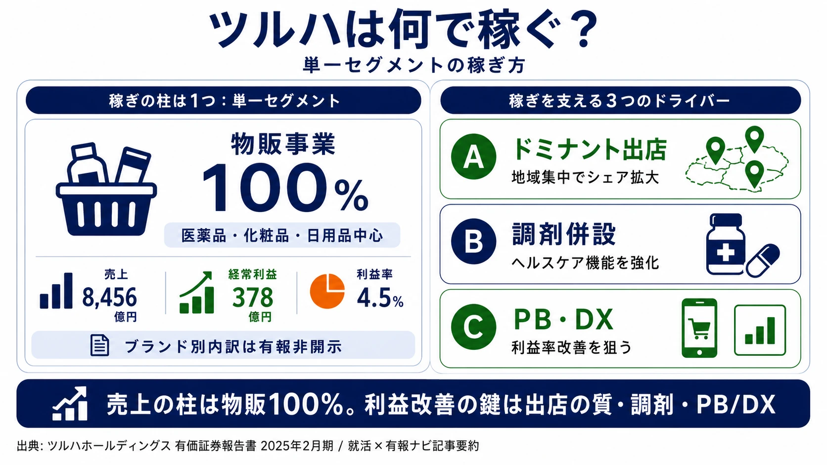 ツルハHDの売上構成と業績ハイライト（2025年2月期 9か月変則決算・売上8,456億円・経常利益378億円・連結11,298名）
