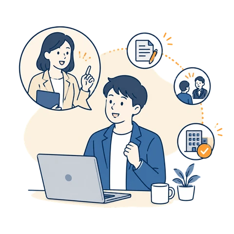 選考まで伴走する担当者と書類・面接・企業のアイコン